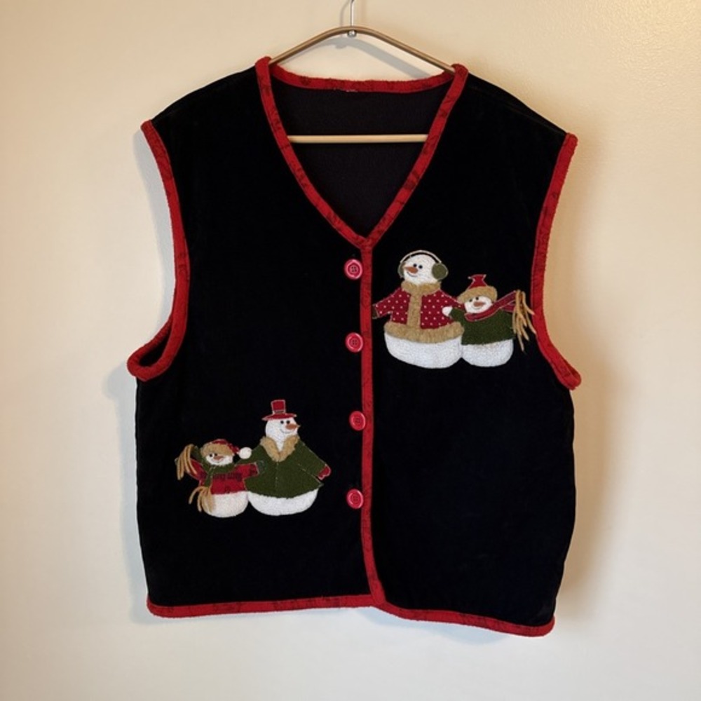 Vintage Christmas Sweater Vest Holiday Black Button Down Womens Size XL Snowmen
